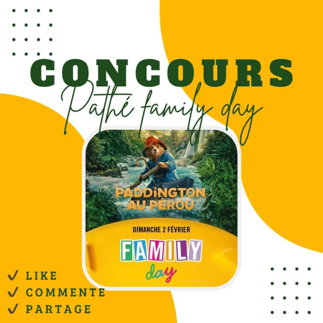 📣 Concours 🎁 Family days / Paddington au Pérou 🇵🇪

Les familles sont à nouveau à l’honneur dans les cinémas Pathé dans le cadre du Family day. 
Le dimanche 2 février retrouvez Paddington dans de nouvelles aventures en découvrant le nouveau film en avant-première. 
Des animations pour les enfants sont prévues de 10h30 à 11h15 et chaque enfant recevra des goodies tiré du film. (Cinémas pathé participants : Charleroi, vervier, Louvain la neuve, Namur, Genius, Sint Niklaas)

Si tu souhaites gagner des places pour ta famille, rien de plus simple : 
- Liker ma page 
- Liker la page de @pathebelgique 
- Commenter ce post 
- Partager le concours. 
Si tu le souhaites, tu peux également inviter des amis en commentaire. 

Concours ouvert sur Instagram jusqu’au jeudi 16 janvier. 

Bonne chance à tous !